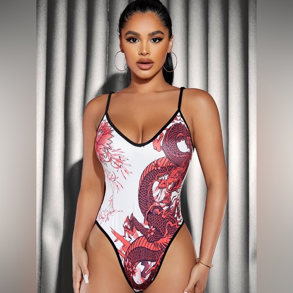 Contrast Binding Chinese Drago Graphic Bodysuit